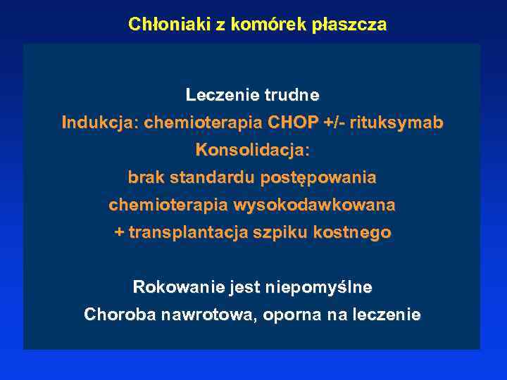Chłoniaki z komórek płaszcza Leczenie trudne Indukcja: chemioterapia CHOP +/- rituksymab Konsolidacja: brak standardu