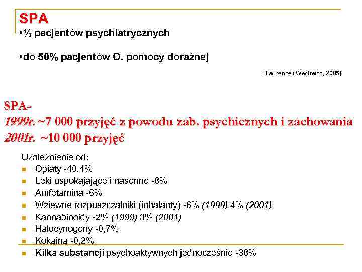 SPA • ⅓ pacjentów psychiatrycznych • do 50% pacjentów O. pomocy doraźnej [Laurence i