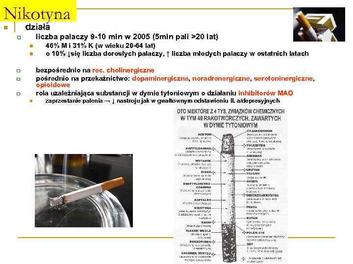 Nikotyna działa n liczba palaczy 9 -10 mln w 2005 (5 mln pali >20