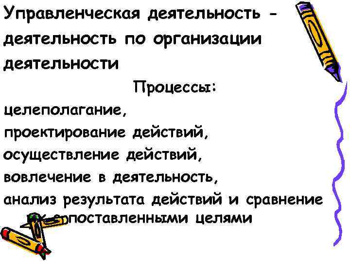 Управленческая деятельность по организации деятельности Процессы: целеполагание, проектирование действий, осуществление действий, вовлечение в деятельность,