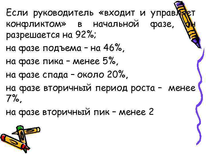 Если руководитель «входит и управляет конфликтом» в начальной фазе, он разрешается на 92%; на