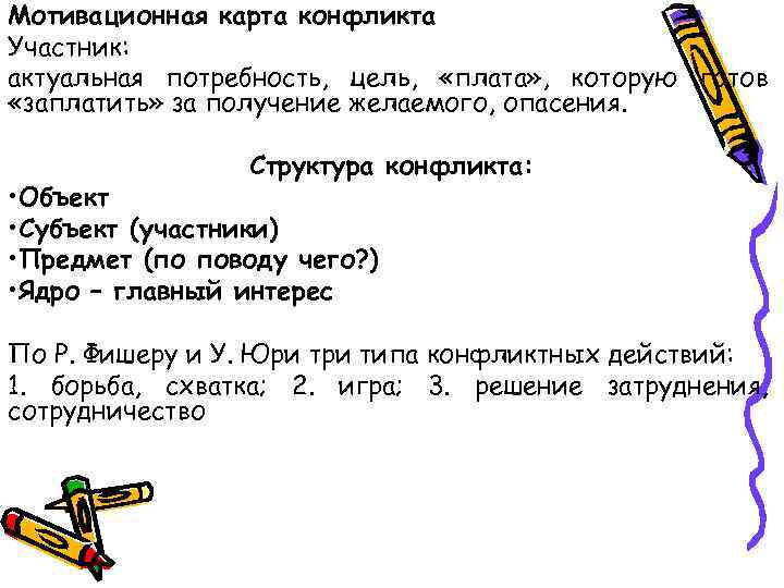 Мотивационная карта конфликта Участник: актуальная потребность, цель, «плата» , которую готов «заплатить» за получение