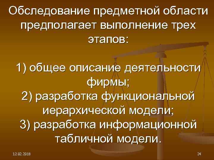 Обследование предметной области предполагает выполнение трех этапов: 1) общее описание деятельности фирмы; 2) разработка