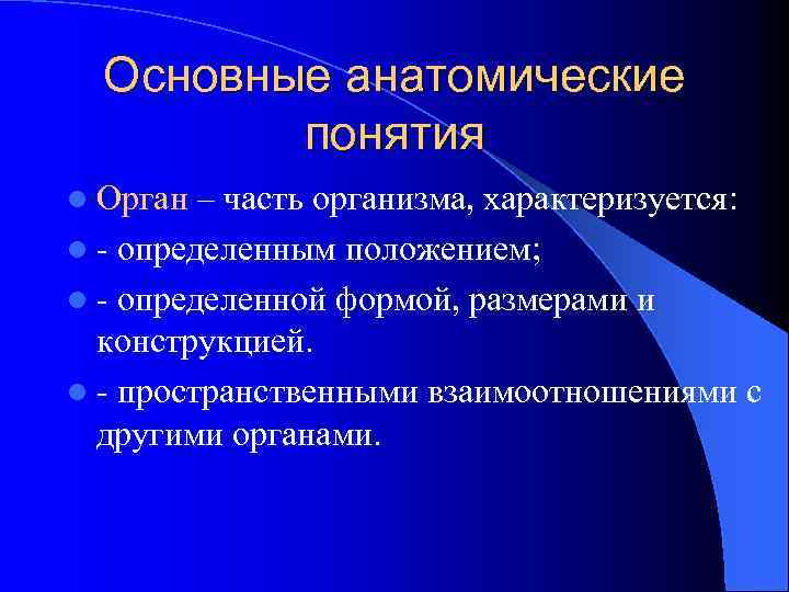 Основные анатомические понятия l Орган – часть организма, характеризуется: l - определенным положением; l