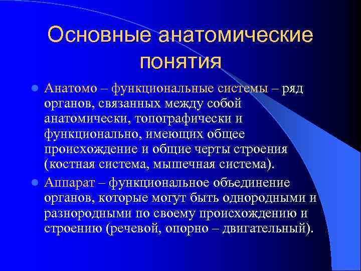 Основные анатомические понятия Анатомо – функциональные системы – ряд органов, связанных между собой анатомически,