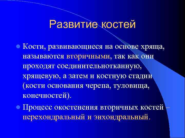 Развитие костей l Кости, развивающиеся на основе хряща, называются вторичными, так как они проходят