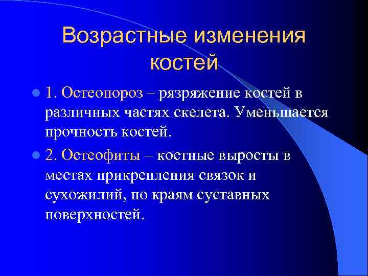 Возрастные изменения костей l 1. Остеопороз – рязряжение костей в различных частях скелета. Уменьшается