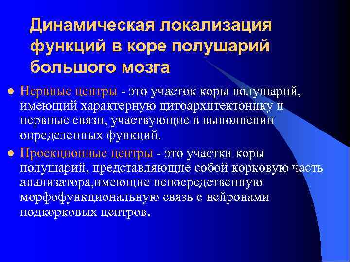 Динамическая локализация функций в коре полушарий большого мозга l l Нервные центры - это
