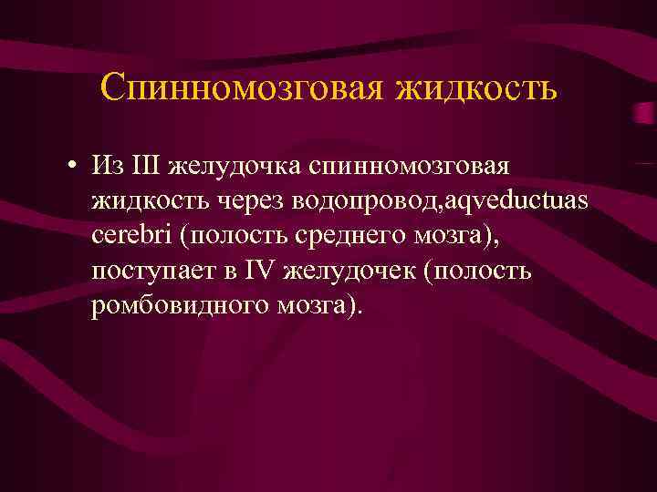 Спинномозговая жидкость • Из III желудочка спинномозговая жидкость через водопровод, aqveductuas cerebri (полость среднего