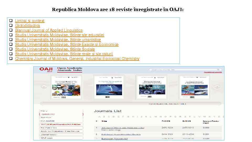 Republica Moldova are 18 reviste înregistrate în OAJI: q q q q q Limbaj