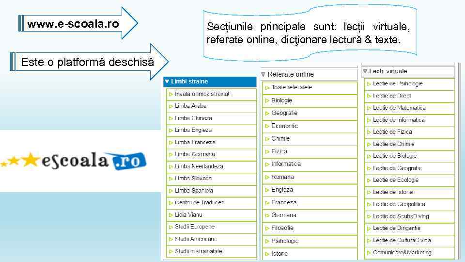 www. e-scoala. ro Este o platformă deschisă Secțiunile principale sunt: lecții virtuale, referate online,