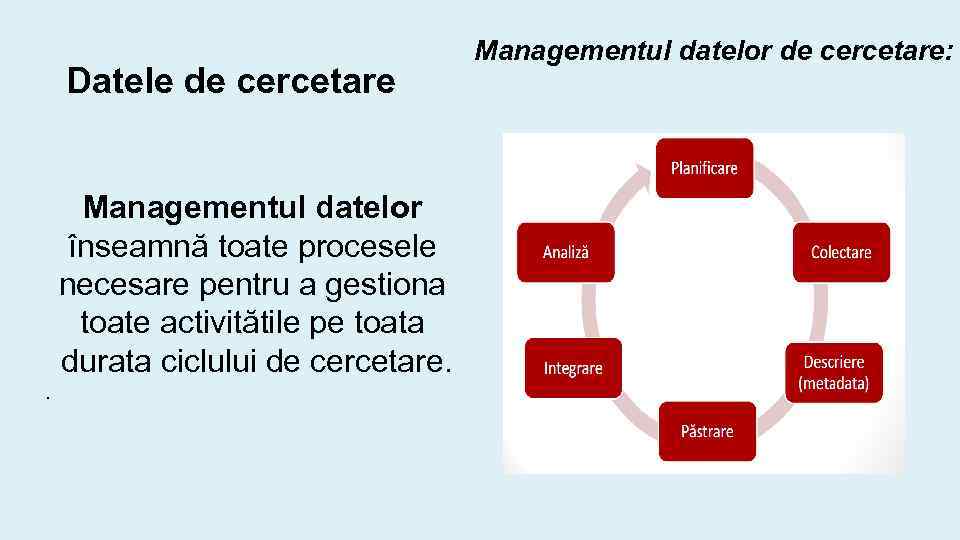 Datele de cercetare Managementul datelor înseamnă toate procesele necesare pentru a gestiona toate activitătile