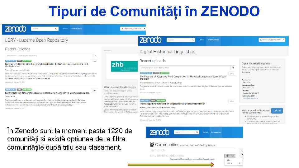 Tipuri de Comunități în ZENODO În Zenodo sunt la moment peste 1220 de comunități