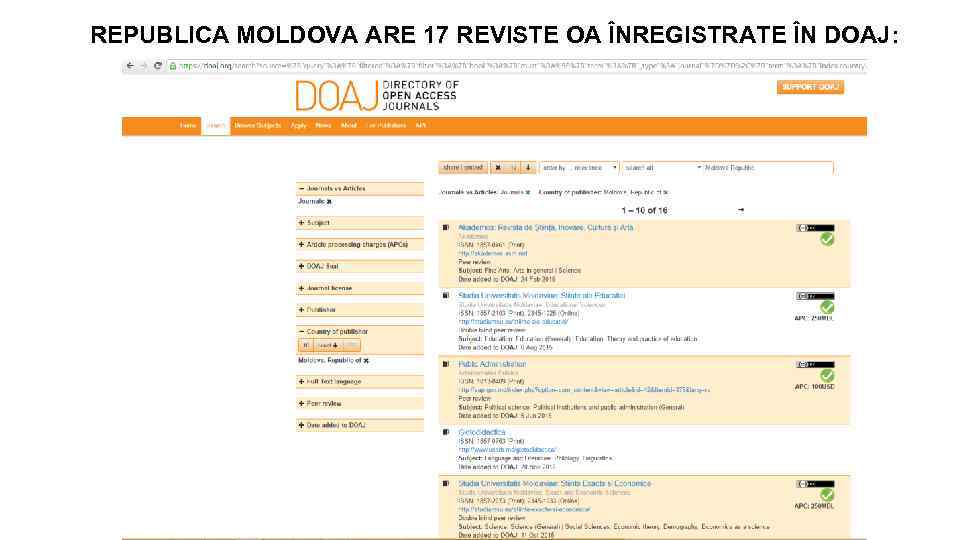 REPUBLICA MOLDOVA ARE 17 REVISTE OA ÎNREGISTRATE ÎN DOAJ: 