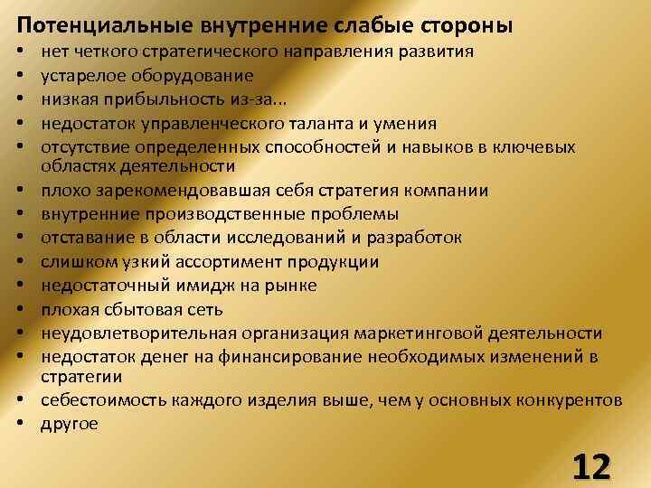 Потенциальные внутренние слабые стороны • • • • нет четкого стратегического направления развития устарелое