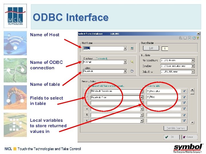 ODBC Interface Name of Host Name of ODBC connection Name of table Fields to