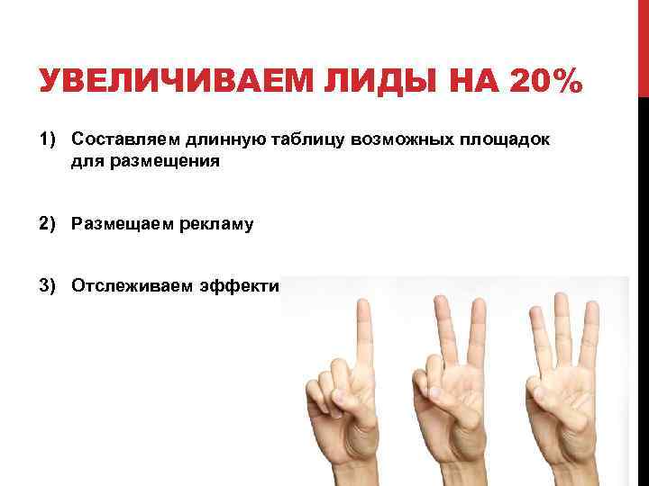 УВЕЛИЧИВАЕМ ЛИДЫ НА 20% 1) Составляем длинную таблицу возможных площадок для размещения 2) Размещаем