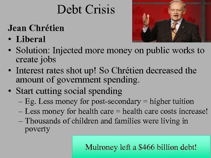 Debt Crisis Jean Chrétien • Liberal • Solution: Injected more money on public works