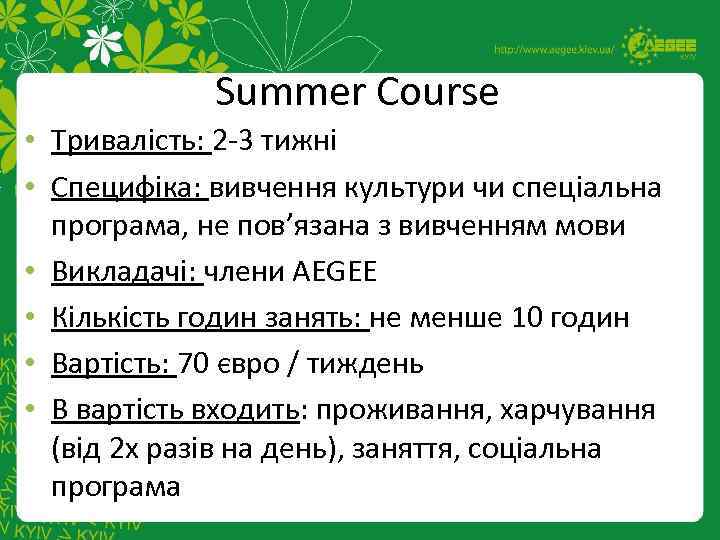 Summer Course • Тривалість: 2 -3 тижні • Специфіка: вивчення культури чи спеціальна програма,