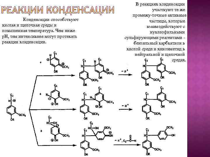 Конденсации способствуют кислая и щелочная среды и повышенная температура. Чем ниже р. Н, тем