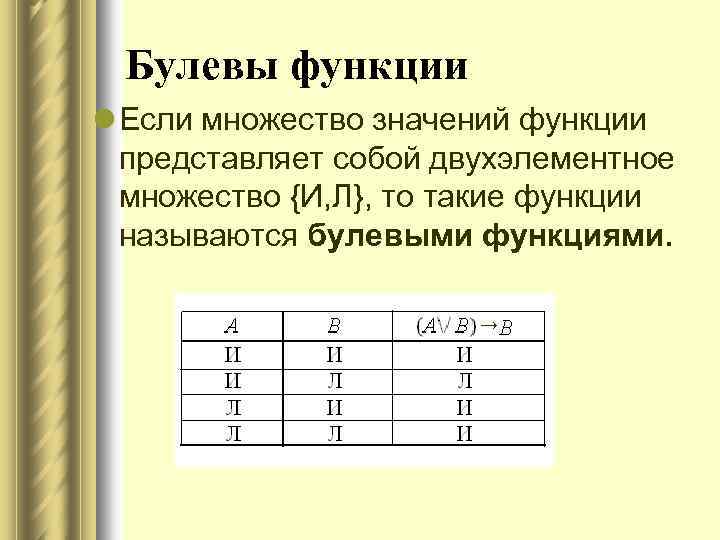 Булевы функции l Если множество значений функции представляет собой двухэлементное множество {И, Л}, то