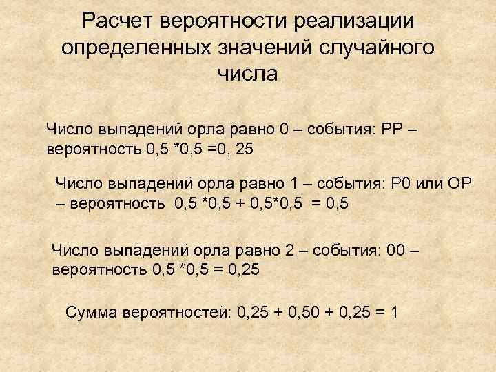 Расчет вероятности реализации определенных значений случайного числа Число выпадений орла равно 0 – события: