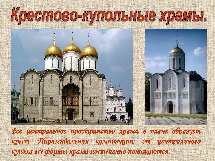 Всё центральное пространство храма в плане образует крест. Пирамидальная композиция: от центрального купола все