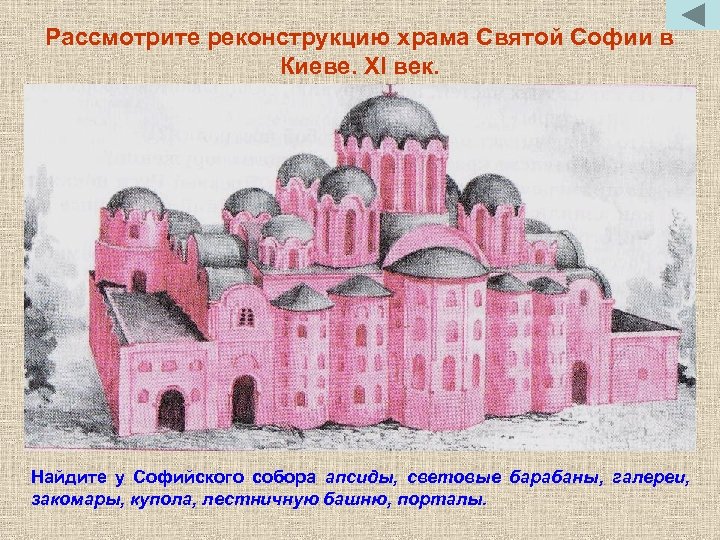Рассмотрите реконструкцию храма Святой Софии в Киеве. XI век. Найдите у Софийского собора апсиды,