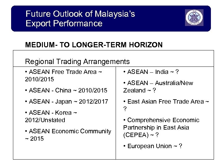 Future Outlook of Malaysia’s Export Performance MEDIUM- TO LONGER-TERM HORIZON Regional Trading Arrangements •