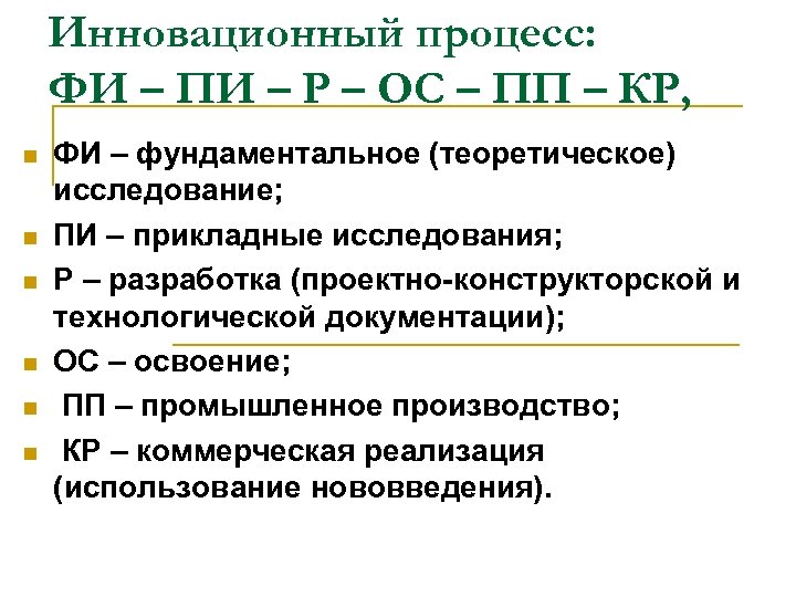 Инновационный процесс: ФИ – ПИ – Р – ОС – ПП – КР, n