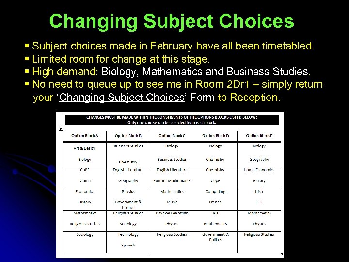 Changing Subject Choices § Subject choices made in February have all been timetabled. §
