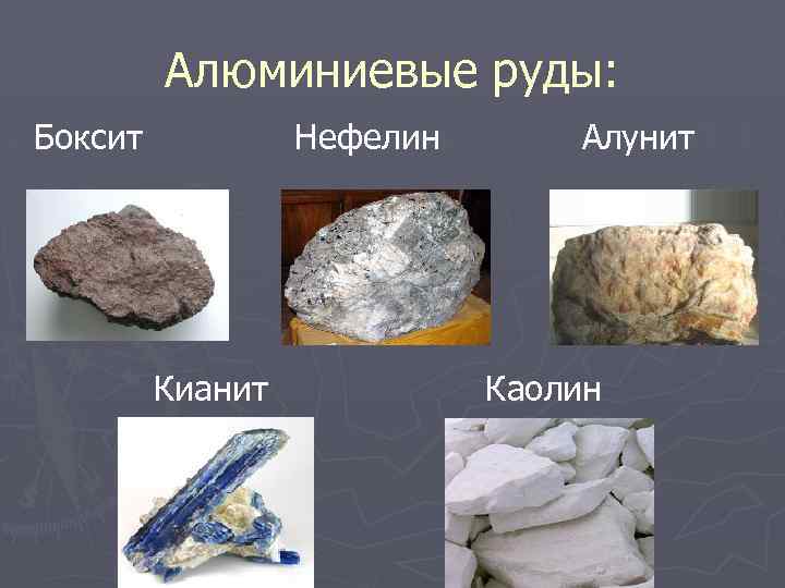 Алюминиевые руды: Боксит Нефелин Алунит Кианит Каолин 