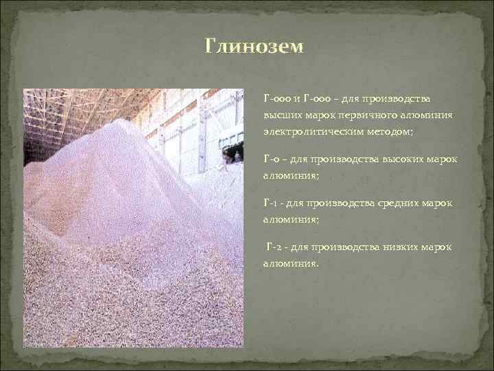 Глинозем Г-000 и Г-000 – для производства высших марок первичного алюминия электролитическим методом; Г-0