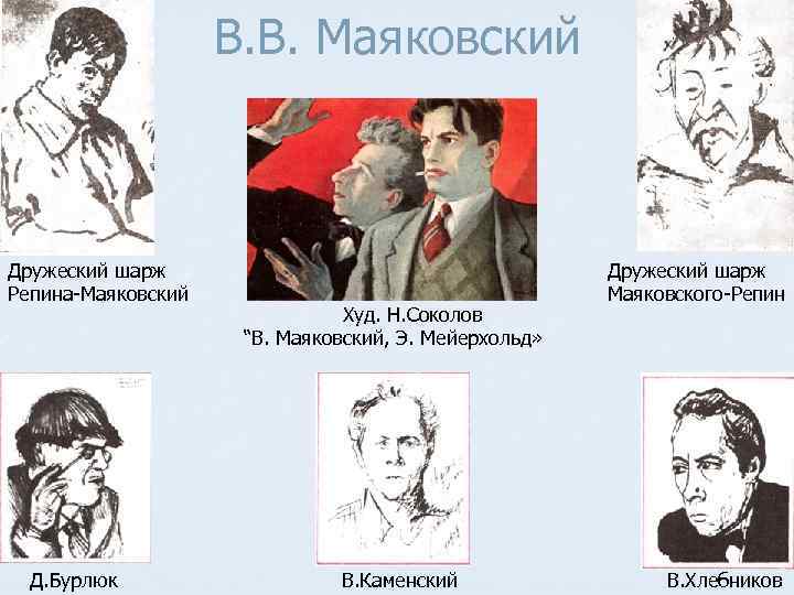 В. В. Маяковский Дружеский шарж Репина-Маяковский Д. Бурлюк Худ. Н. Соколов “В. Маяковский, Э.