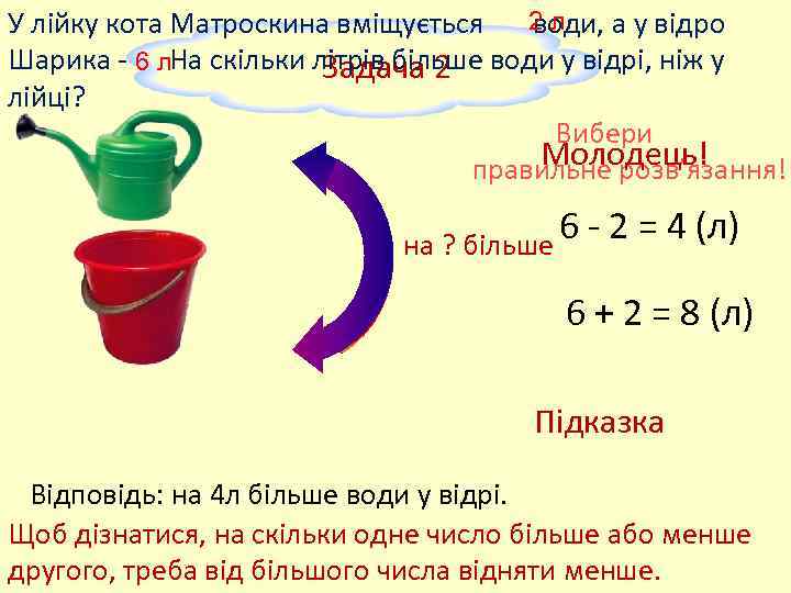 У лійку кота Матроскина вміщується 2 л води, а у відро Шарика - 6