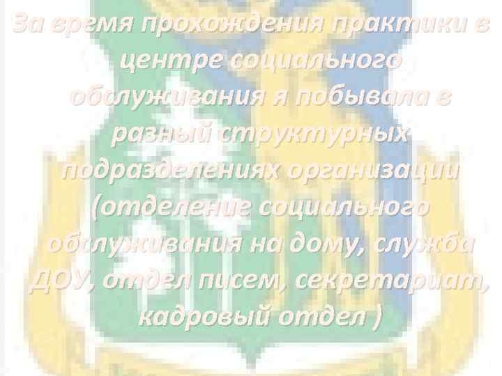 За время прохождения практики в центре социального обслуживания я побывала в разный структурных подразделениях