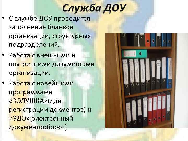 Служба ДОУ • С службе ДОУ проводится заполнение бланков организации, структурных подразделений. • Работа