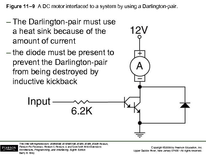 Figure 11– 9 A DC motor interfaced to a system by using a Darlington-pair.