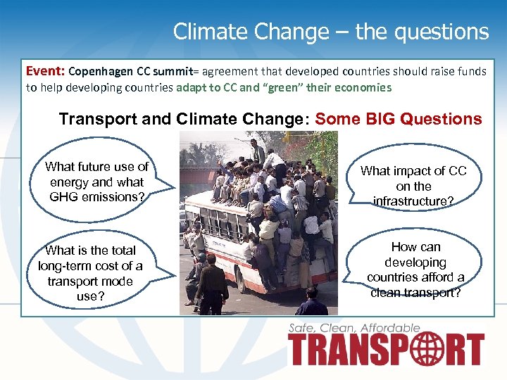 Climate Change – the questions Event: Copenhagen CC summit= agreement that developed countries should