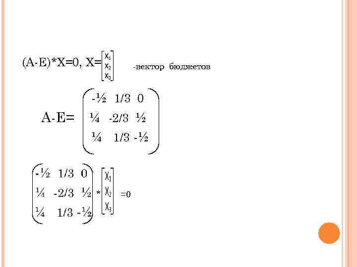 (А-Е)*Х=0, Х= А-Е= -вектор бюджетов -½ 1/3 0 ¼ -2/3 ½ ¼ 1/3 -½