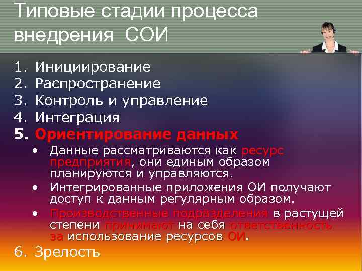 Типовые стадии процесса внедрения СОИ 1. 2. 3. 4. 5. Инициирование Распространение Контроль и