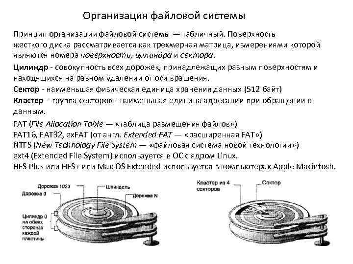 Организация файловой системы Принцип организации файловой системы — табличный. Поверхность жесткого диска рассматривается как