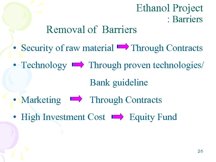 Ethanol Project Removal of Barriers • Security of raw material • Technology : Barriers