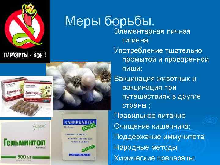 Меры борьбы. Элементарная личная гигиена; Употребление тщательно промытой и проваренной пищи; Вакцинация животных и