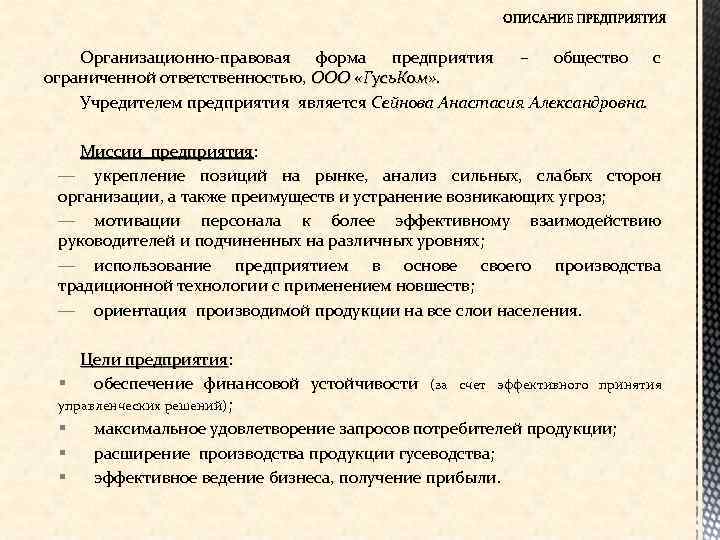 Организационно-правовая форма предприятия – общество с ограниченной ответственностью, ООО «Гусь. Ком» . Учредителем предприятия