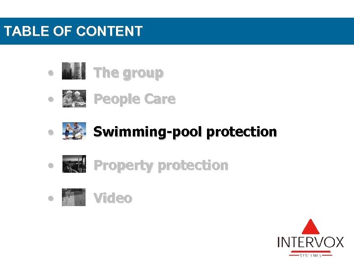 TABLE OF CONTENT • The group • People Care • Swimming-pool protection • Property