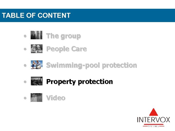 TABLE OF CONTENT • The group • People Care • Swimming-pool protection • Property