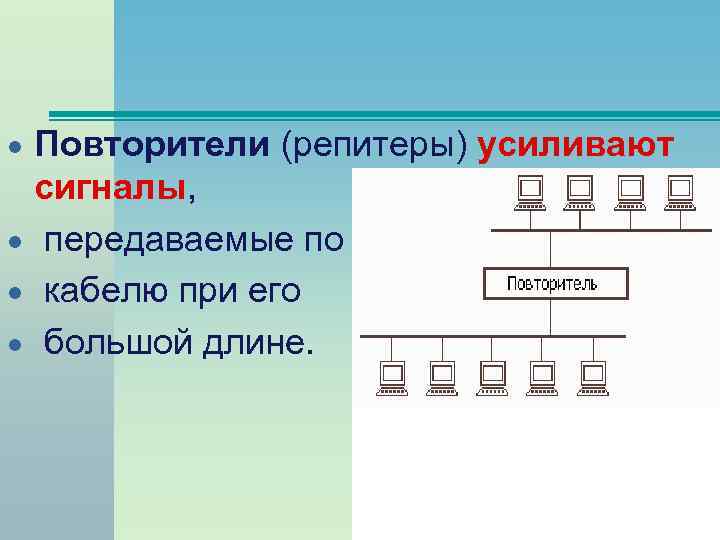  Повторители (репитеры) усиливают сигналы, передаваемые по кабелю при его большой длине. 