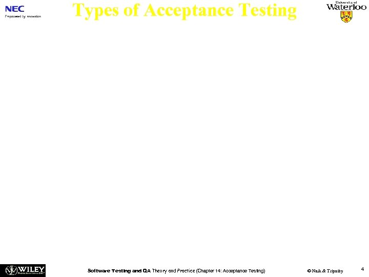 Types of Acceptance Testing Three major objectives of acceptance testing: n Confirm that the