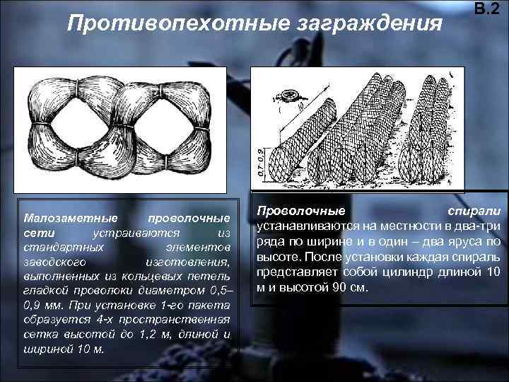 Противопехотные заграждения Малозаметные проволочные сети устраиваются из стандартных элементов заводского изготовления, выполненных из кольцевых